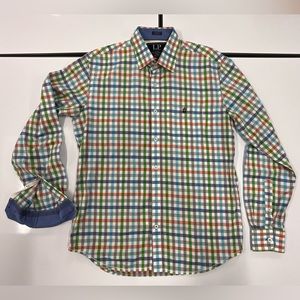 Louis Philippe Mens Plaid Lg Sleeve Tailored Slim Contrast Flip Cuff Shirt 42CM